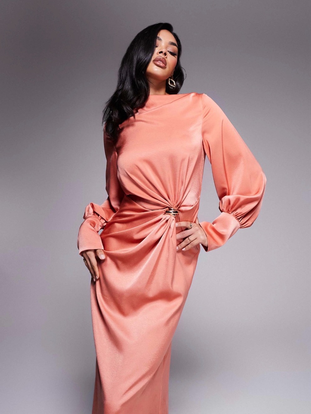 ASOS Coral Satin Twist-Waist Long Sleeve Dress